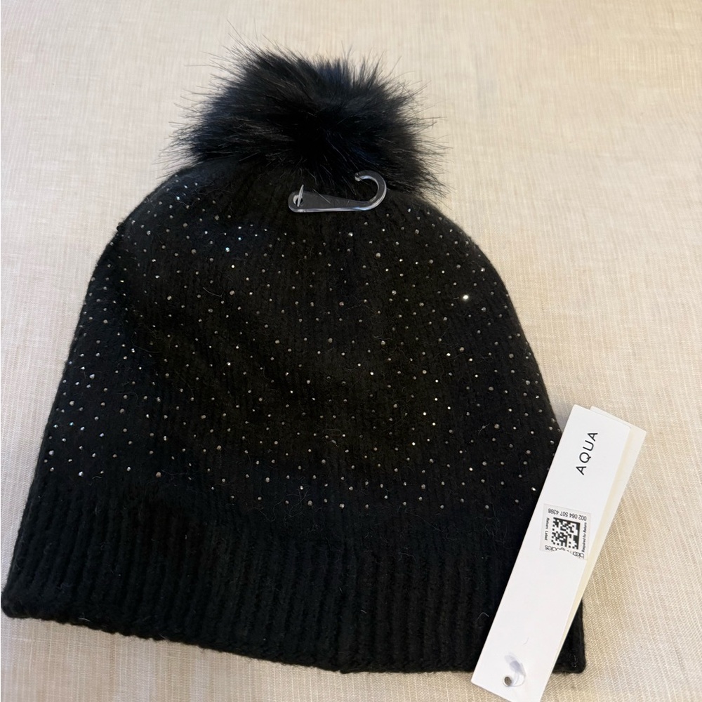 Aqua Black Beanie with Pom Pom